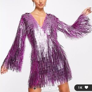 ASOS DESIGN shard sequin mini wrap dress with tie detail in pink